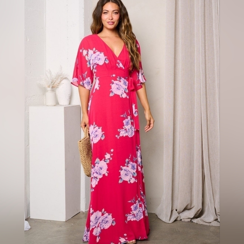 Hot pink wrap maxi dress #B58